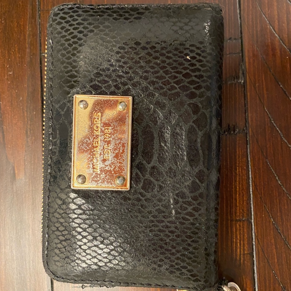 Michael Kors Black Faux Leather Snake Print Wristlet